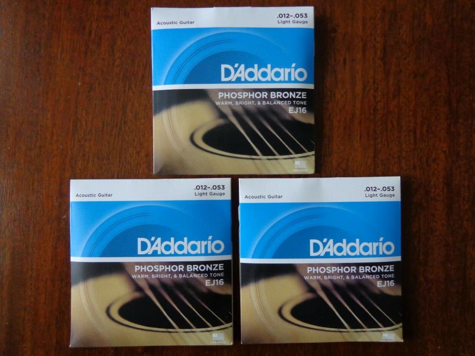 3 Sets D'Addario EJ16  Phosphor Bronze Light Acoustic Guitar Strings NEW