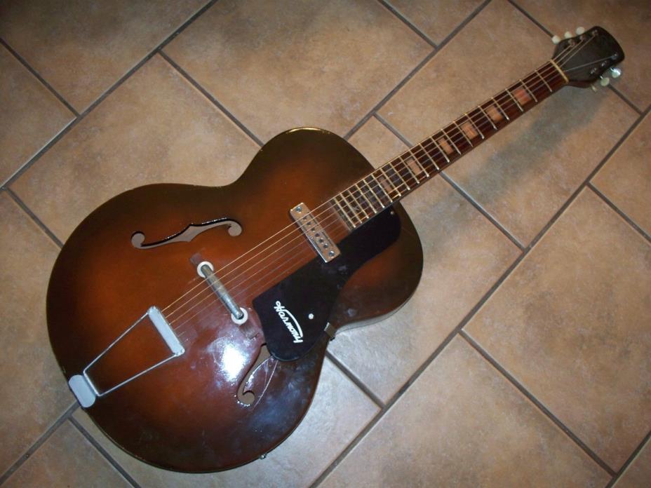 VINTAGE F HOLE GUITAR WITH ADDED PICKUP , GUARD SAYS HARMONY ? PLAYER/PROJECT