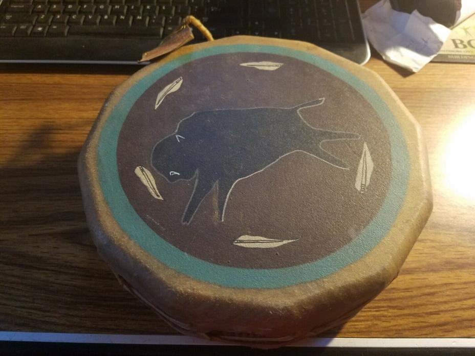 Vintage Native American Leather Drum With Design Bafalo Spirits 10