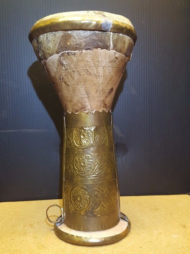 VINTAGE DOUMBEK COPPER WRAPPED DRUM HAND CARVED CLAY TRIBAL ARABIC STYLE
