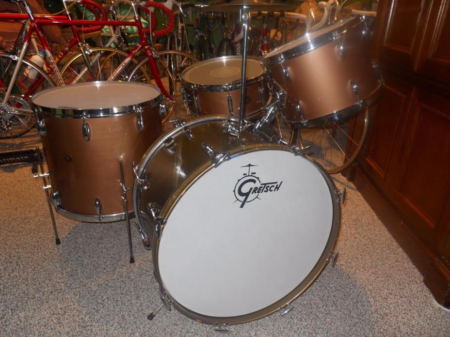 1957 Vintage Gretsch Broadkaster Drum Set Round Badge Nitron Copper Mist 4 Drums