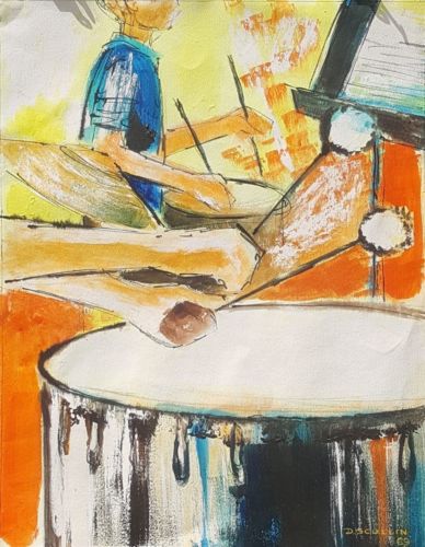 1969 SIGNED WATERCOLOR PAINTING ~ DRUMS ~ Dorothy Dodworth Scullin ~ Doodlepunk