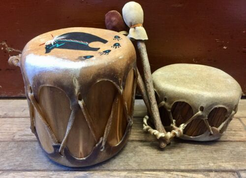 2 Taos Pueblo Drums Hide Wood Painted