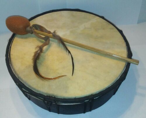 Ceremonial 10 inch Drum Handmade in Bali. Natural Skin Drum Head with Beater.