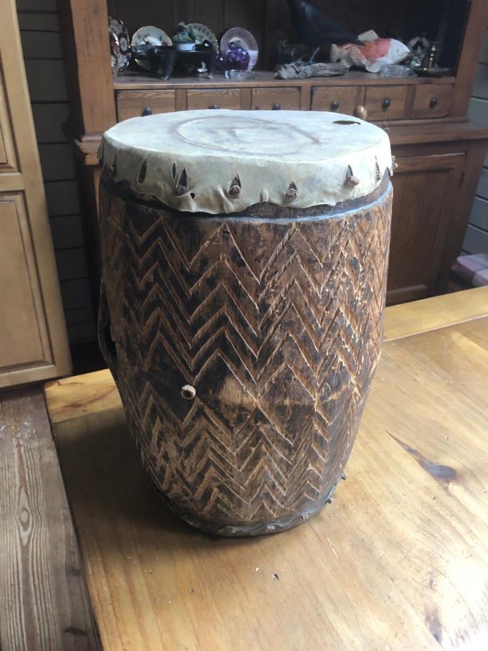African Tribal Hand Carved Log Congo Drum dated and signed.