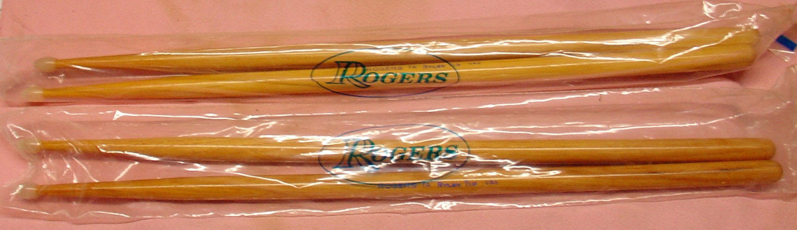 1960s New Old Stock ROGERS pair of 7a nylon tip drumsticks in original bag