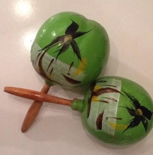 Pair of Green Mexican Maracas Hand Painted Vintage 1980s