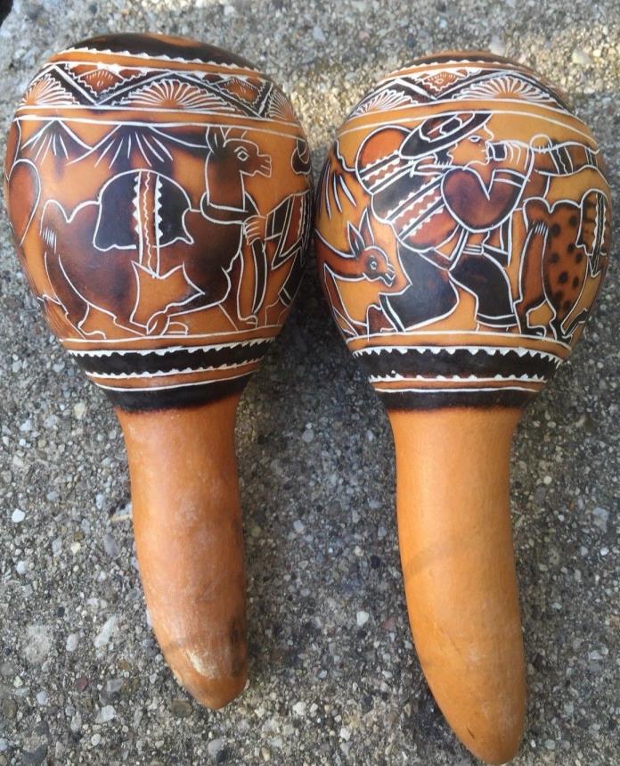 Two GOURD SHAKERS Decorated Musical Instruments Percussion Approx. 8