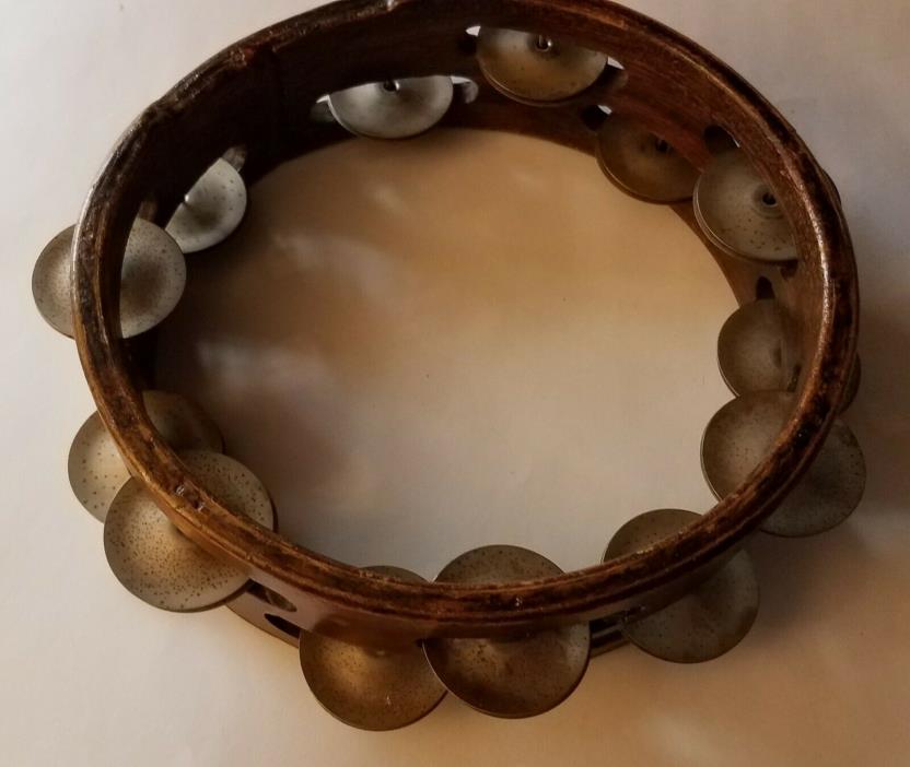 VINTAGE TAMBOURINE WOOD & METAL 2 ROWS