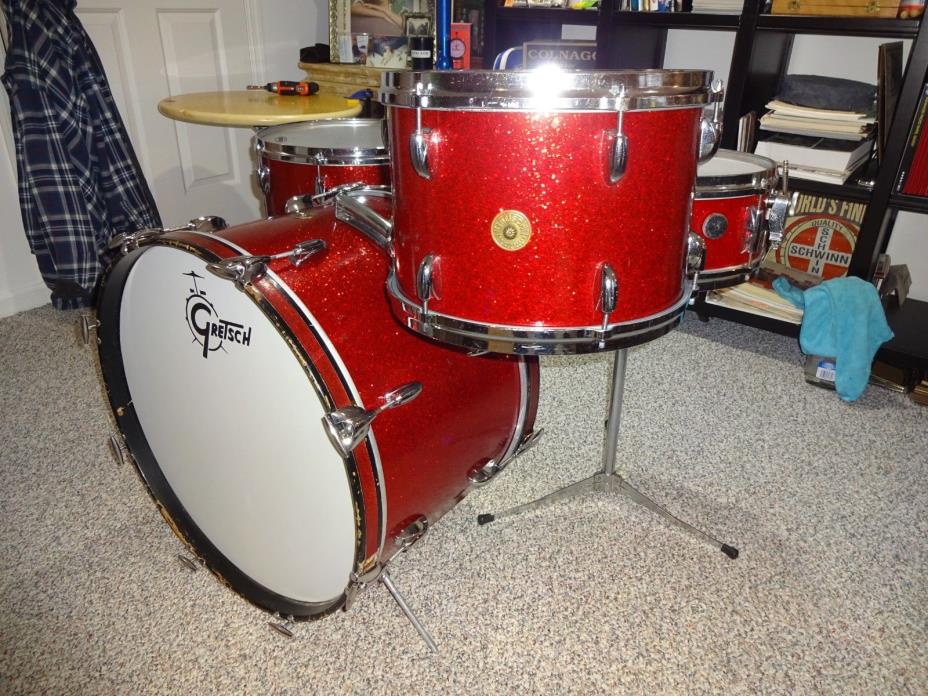 1966 VINTAGE GRETSCH DRUMS SET ROUND BADGE RED SPARKLE GLITTER ORIGINAL KIT