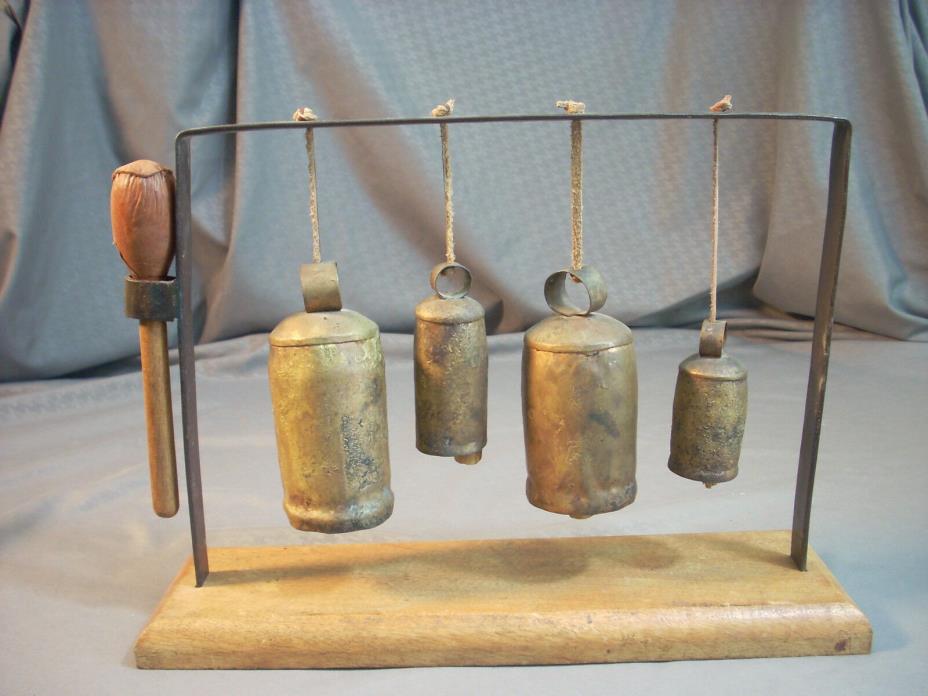 Vintage Unique Rustic Handmade Tabletop Chimes Wooden Base/Mallet Great Art