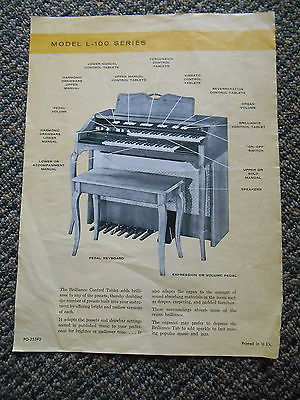 Old Vintage Model L-100 Series Organ Musical Instrument Advertisement Page Music