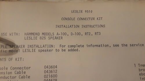 Leslie Organ Console Connector Kit Instructions 9510
