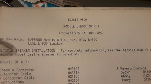 Leslie Organ Console Connector Kit Instructions 9100