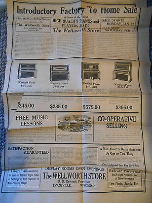Old Vintage Antique Wellworth Store Evansville Wisconsin Warfield Piano Paper AD
