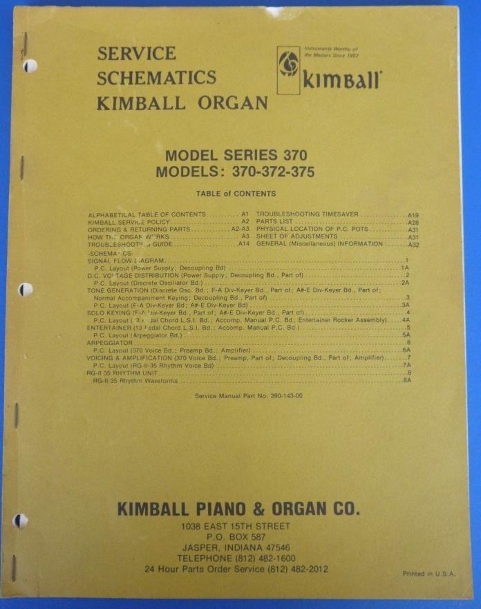 Kimball Organ Service Schematics Model Series 370-372-375 Manual