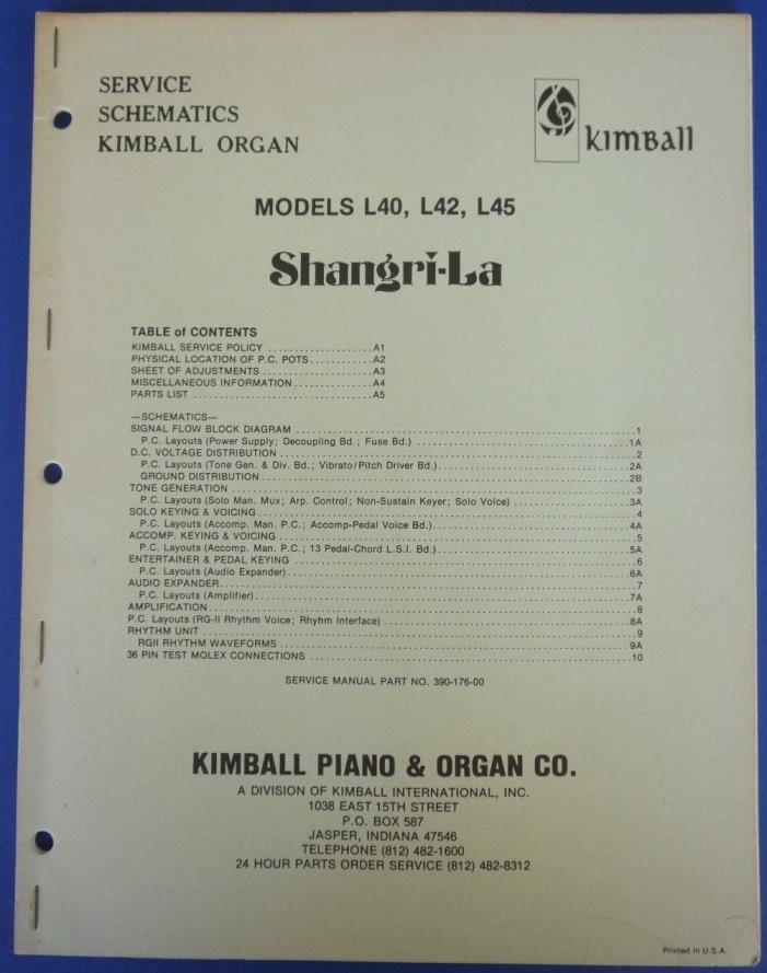 Kimball Organ Service Schematics Models L40, L42, L45, 