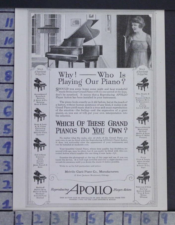 1919 PIANO APOLLO PIANIST MUSICIAN MUSIC DANCE SING VINTAGE ART AD  ZJ59
