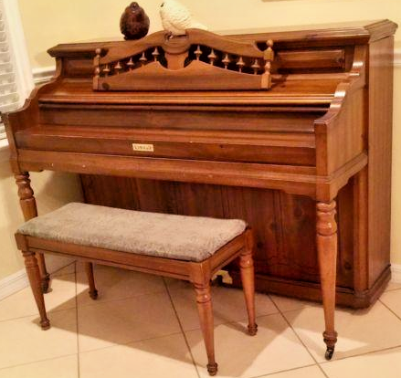 Kimball Artist Console Walnut Piano & Bench, Ornate Wood Decor Book Rest, Labels