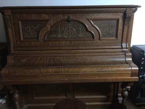 Antique Bush & Gerts UPRIGHT GRAND Piano Burled Walnut Ornate 1905 EUC