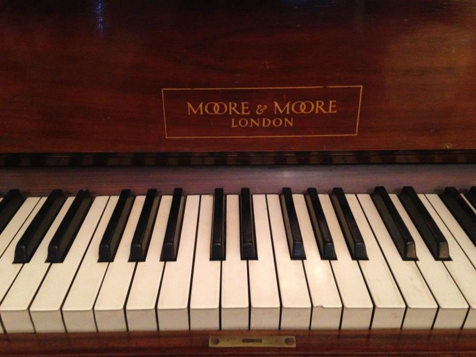 Moore & Moore London Mixed Walnut Veneer Upright Overstrung Piano