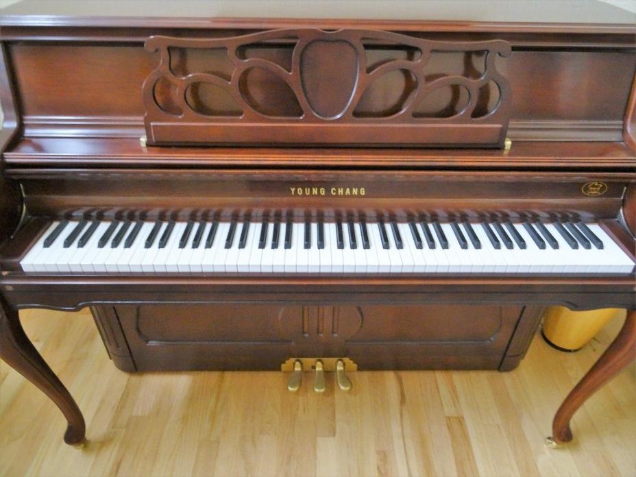 Chocolate Brown Young Chang Upright Piano with Bench and Lamp