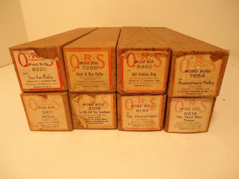 Lot of 8 Vintage QRS Player Piano Rolls Matching Brown Boxes NO RESERVE Lot 17