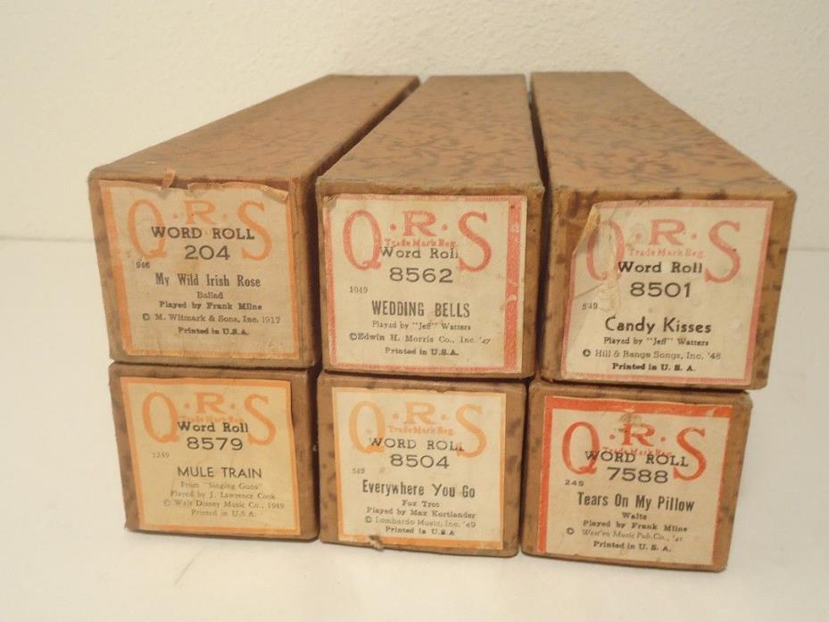 Lot of 6 Vintage QRS Player Piano Rolls Matching Brown Boxes Ex. NO RESERVE Lot1