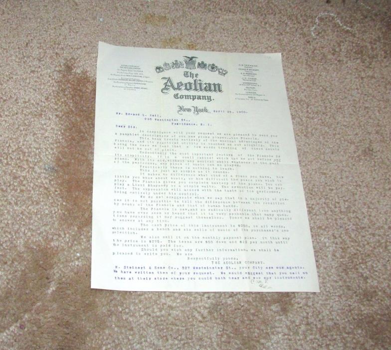 1900 AEOLIAN COMPANY NEW YORK LETTER OF INQUIRY PLAYER PIANO PHONOGRAPH MUSIC