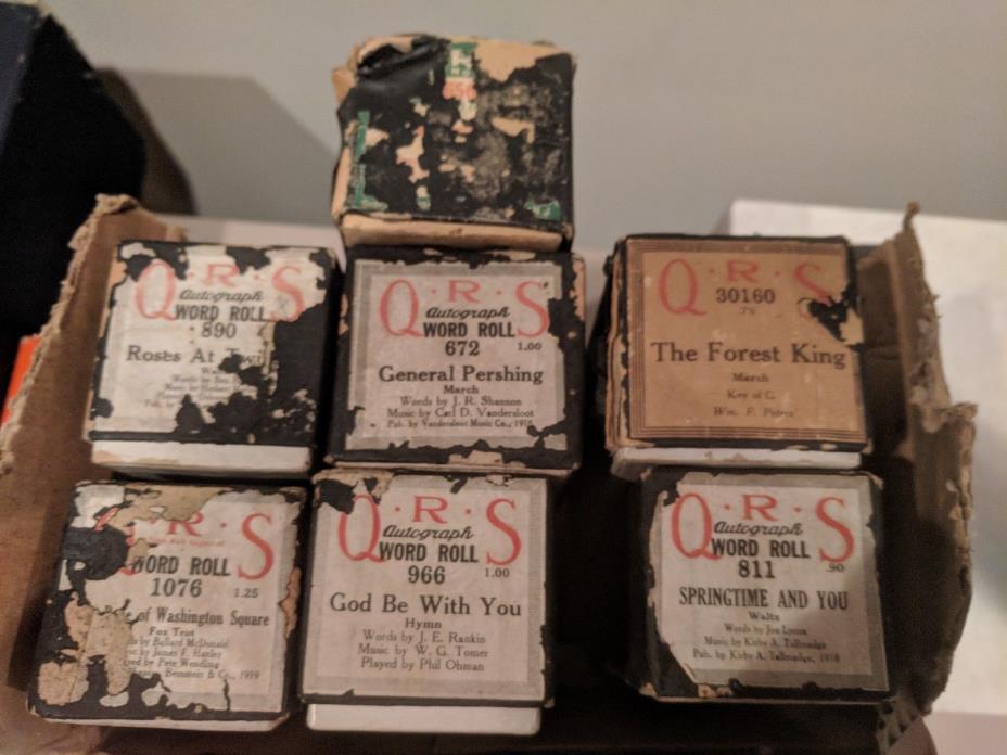 Lot of (7)VINTAGE QRS Player Piano Word Roll General Pershing, The Forest King,
