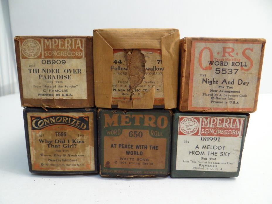 6 Vintage QRS / Metro /  1920's Music Player Piano Rolls