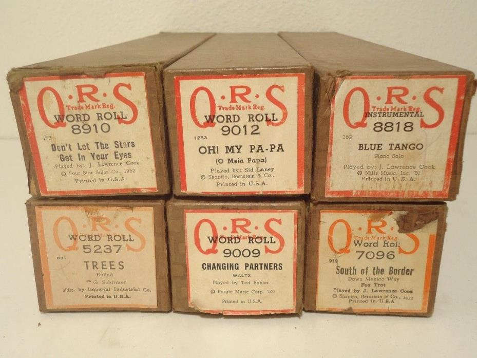 Lot of 6 Vintage QRS Player Piano Rolls Matching Brown Boxes Ex. NO RESERVE Lot3