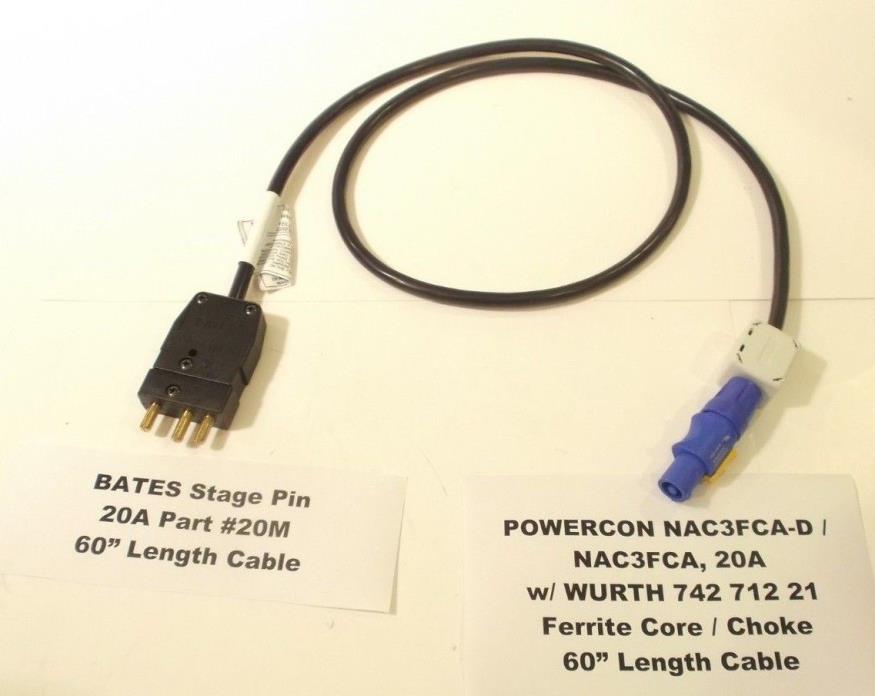 Bates Stage Pin 20A to PowerCon Blue 20A w/ Ferrite Collar Cable Assembly (60