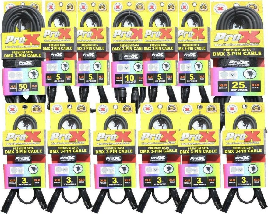 Pro x Combo pack (5) 1-50' 1-25' 1-10' 4-5' & 6-3' 3-pin dmx cables