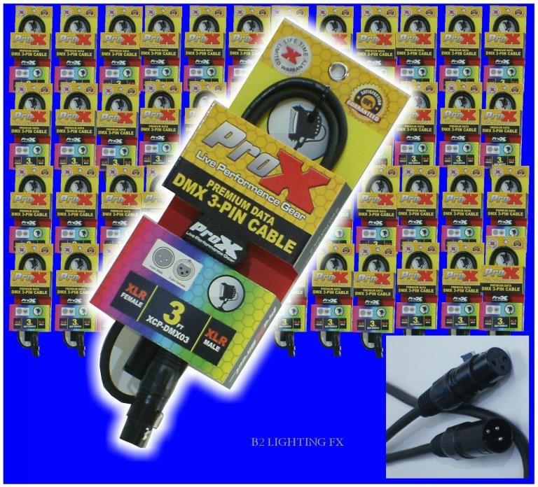 48 - 3 foot DMX Cables & straps 3-pin 3' ProX - FREE DMX TERMINATOR!
