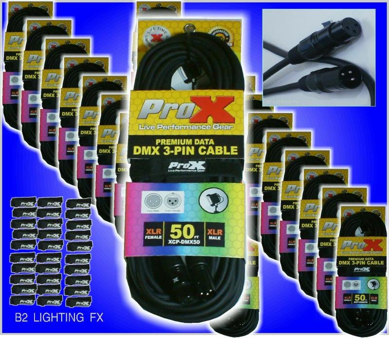 LOT OF 24 - 50' PROX DMX CABLES w/ strap! 3-pin PRO X PREMIUM 2 DOZEN 50 foot