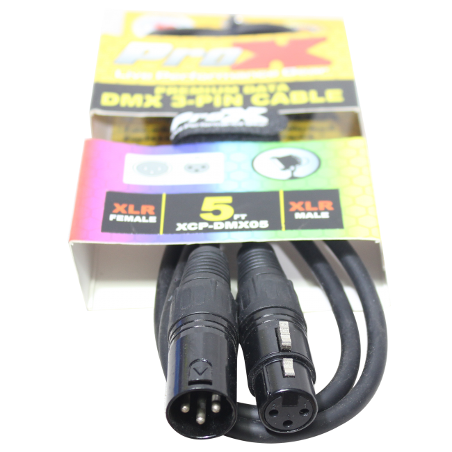 1- 5 foot DMX Cables w/ straps - 3-pin 5' ProX Premium Data - USA seller!