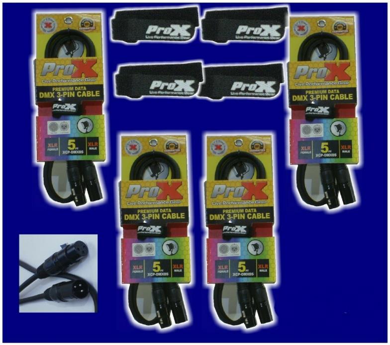 4 Pack of 5 foot DMX Cables w/ straps - 3-pin 5' ProX Premium Data - USA seller!