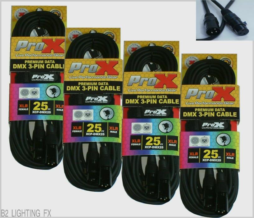 Lot of 4 - 25 Foot DMX Cables w/ straps 3-pin 25' FREE TERMINATOR