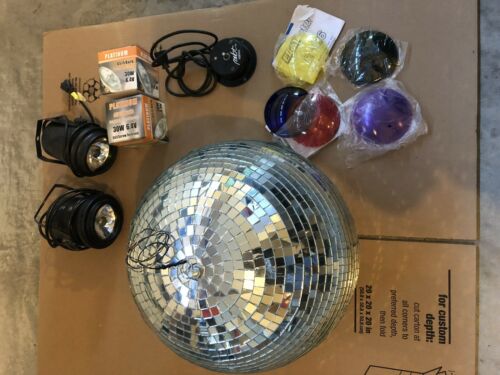 16” Disco ball, Motor, 2 Spot Lights, 2 Extra Bulbs, Colored Lens. USED