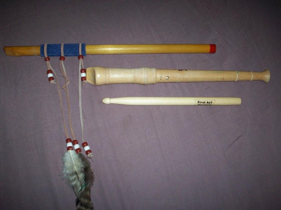 Wood Recorder Bamboo Feathered First Act Drum Stick Musical Instruments Lot of 3