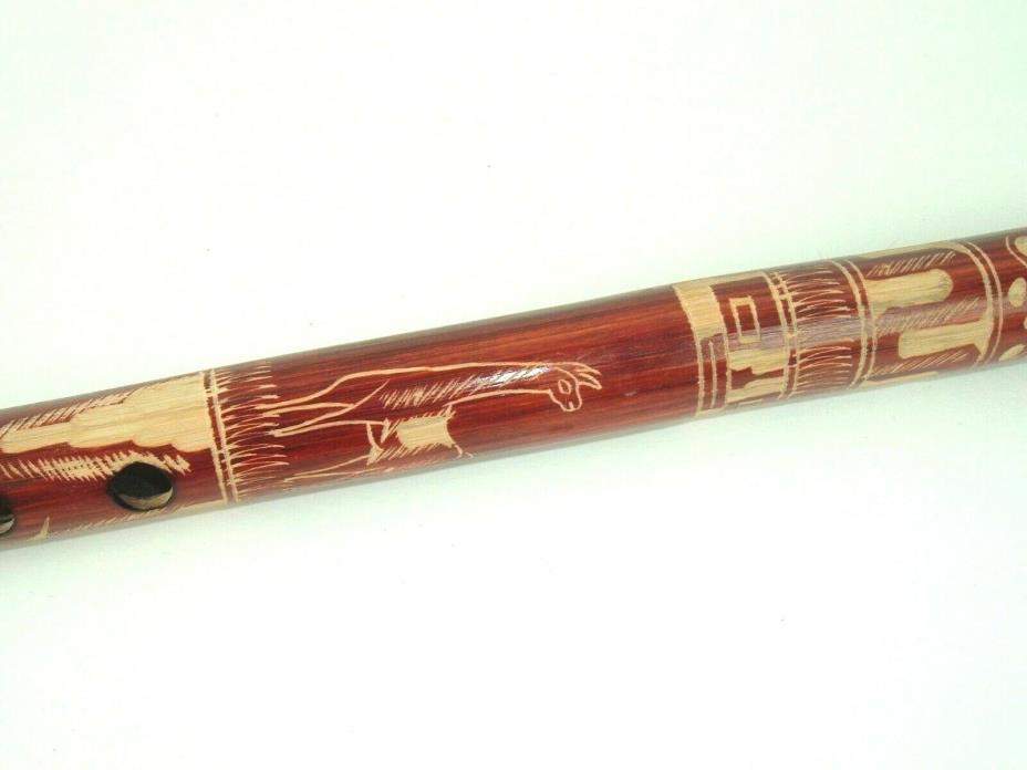 Wooden Carved Flute Vintage Llama Mountains Tribal Ethnic