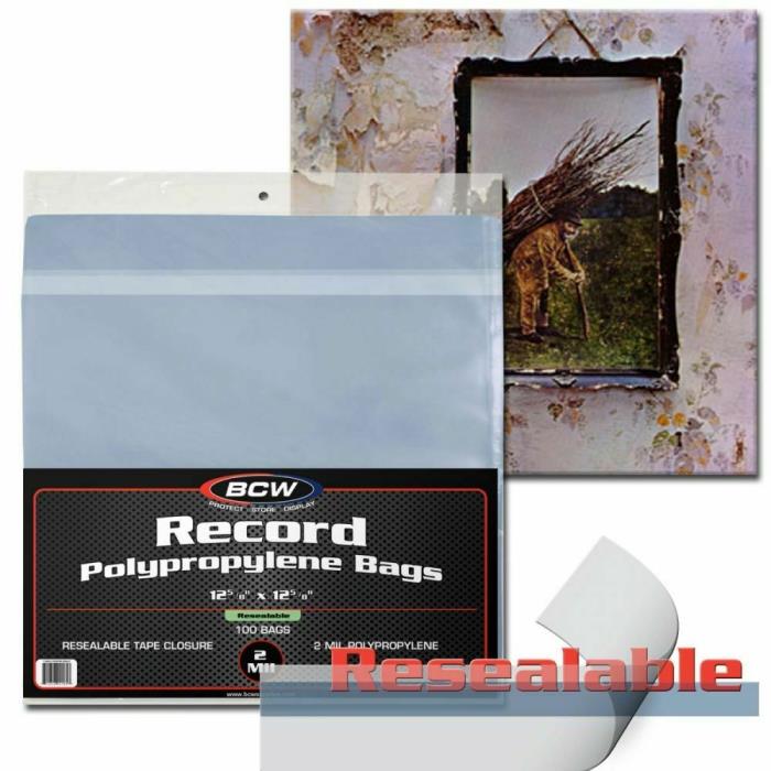 Pack of 100 BCW 33 RPM Resealable SNUG Fit Record Album 2-Mil Clear Poly Bags