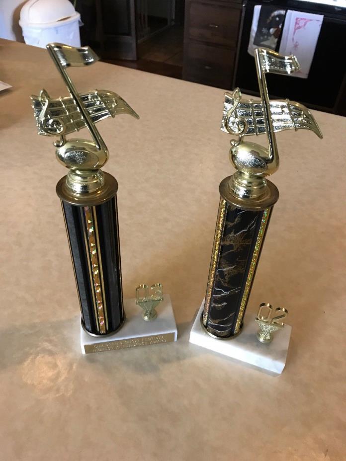 2 MUSIC THEMED TROPHIES, 12 INCHES TALL, MARBLE BASE, BROWN/GOLD/SPARKLE COLUMN