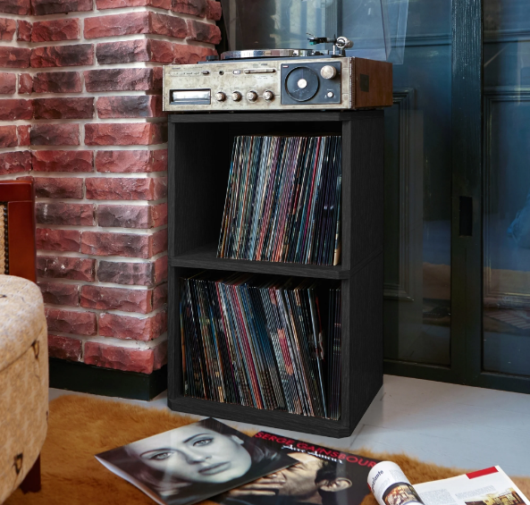 Vinyl Record Storage Shelf Media Cabinet Music Album Cube Organizer Black Modern