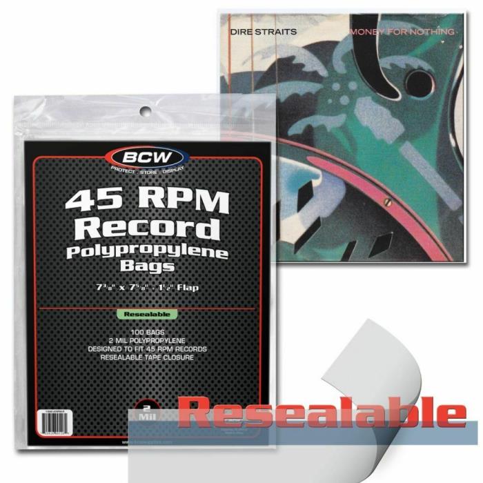 (100) BCW 45 RPM Record BAGS - RESEALABLE