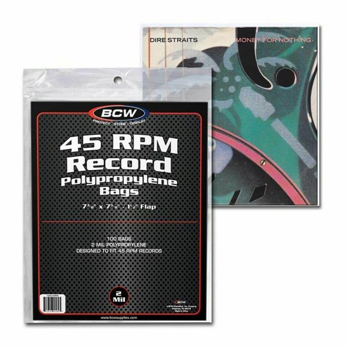 (500) BCW 45 RPM Record BAGS - Outer Sleeve - Poly Plastic with Flap