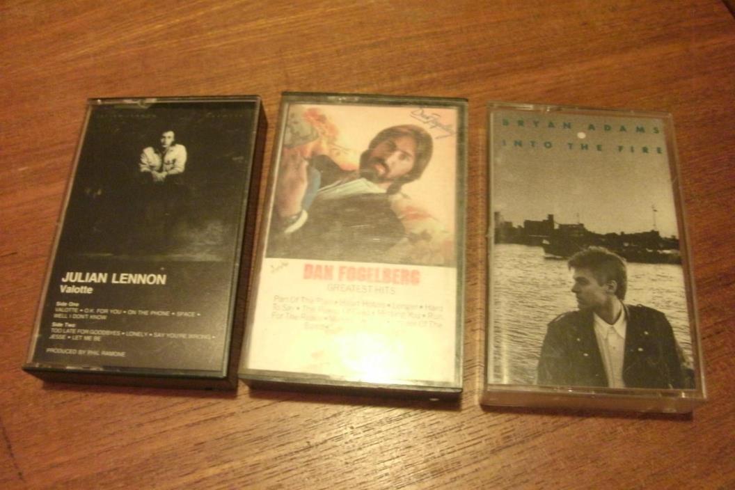 3 Soft Rock Music Cassettes Lot of Three, Bryan Adams, Julian Lennon, Dan Fogelb