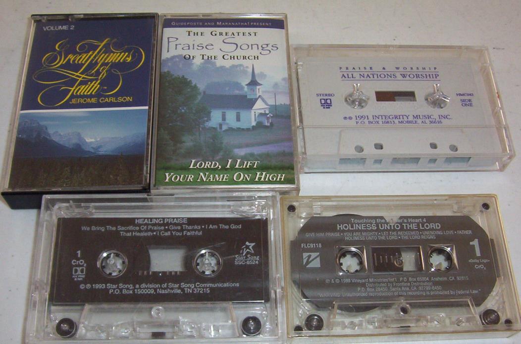 5 Worship&Praise Song cassettes:Healing Praise, Holiness, Great hymns of Faith