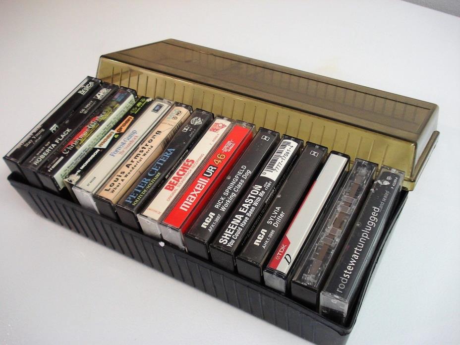 Mixed Lot of 15 Cassette Music Tapes in Hard Plastic Storage Case - 1980's